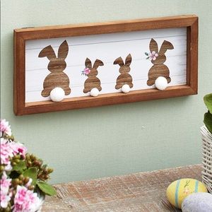 New in box Cottontail Bunny Family Wall Plaque Picture White & Brown Wood